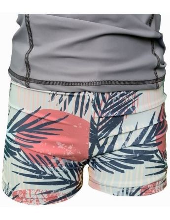 Short de bain anti UV écoresponsable motif palmier de face avec teeshirt