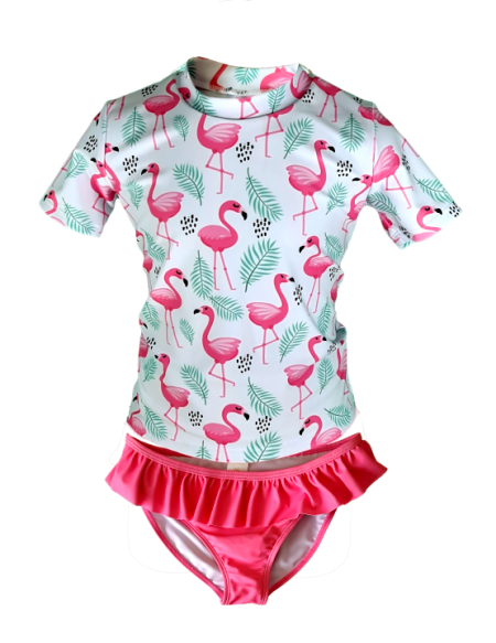 Ensemble plage anti UV UPF50+  Californie flamant, doux soleil, maillot de bain manches courtes pour fille