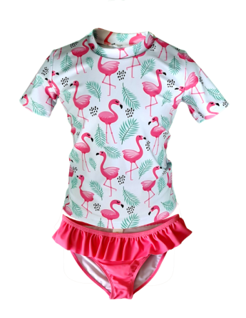 Ensemble plage anti UV UPF50+  Californie flamant, doux soleil, maillot de bain manches courtes pour fille